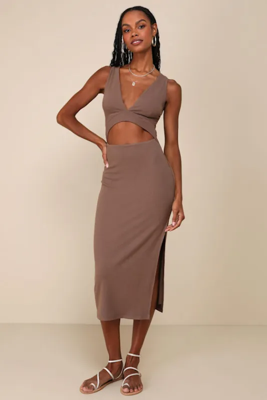 Divide and Contour Brown Ribbed Cutout Bodycon Midi Dress made by Lulus