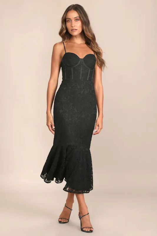Found Your Love Black Lace Sleeveless Trumpet Midi Dress sold by Lulus