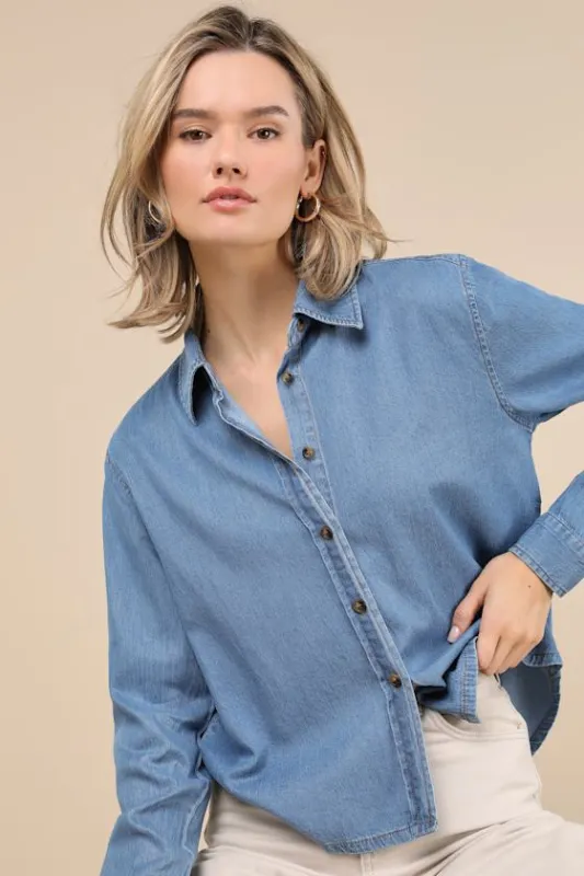 Always Pristine Medium Blue Chambray Button-Up Top sold by Lulus