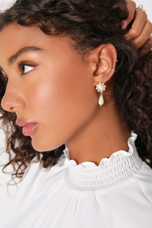 Exceptionally Upscale Gold Pearl Drop Earrings sold by Lulus