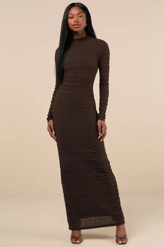 Trendsetting Design Brown Textured Long Sleeve Maxi Dress sold by Lulus