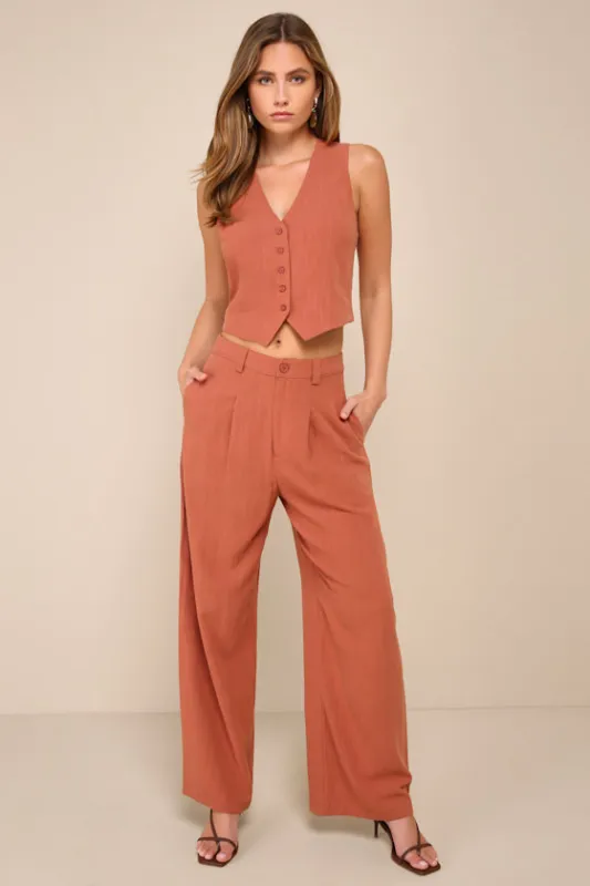 Suits You Perfectly Terracotta Linen Wide-Leg Pants sold by Lulus