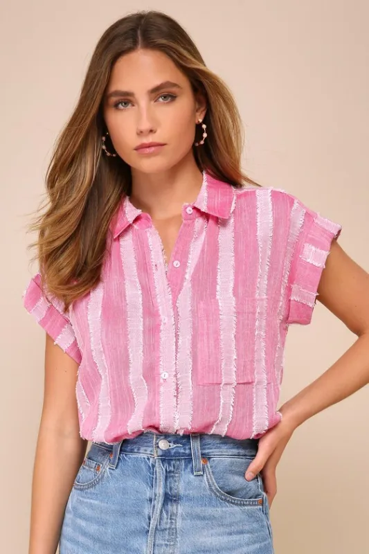 Easily Effortless Pink Textured Burnout Button-Up Top sold by Lulus