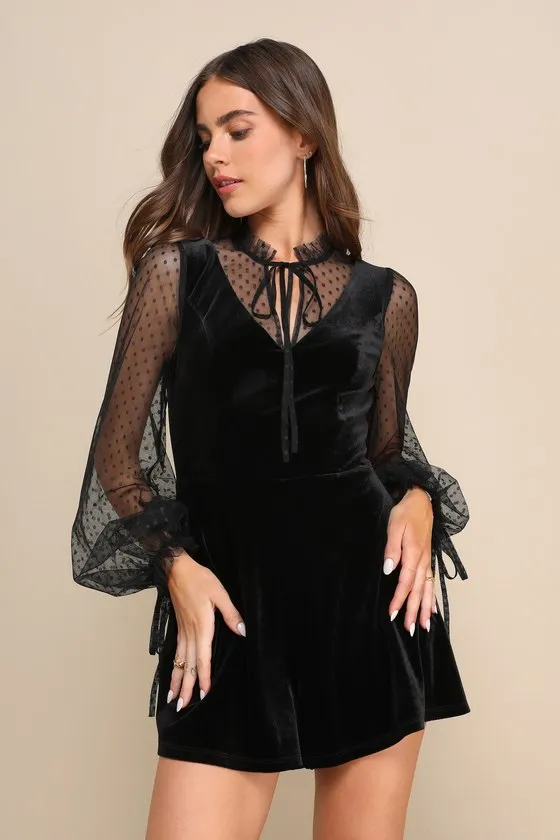 Completely Charismatic Black Velvet Mesh Swiss Dot Romper sold by Lulus