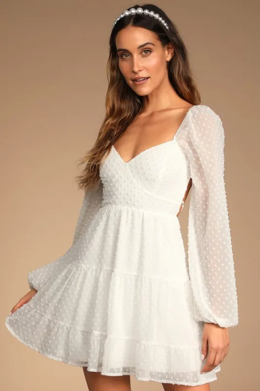 Longing And Love White Swiss Dot Puff Long Sleeve Mini Dress sold by Lulus
