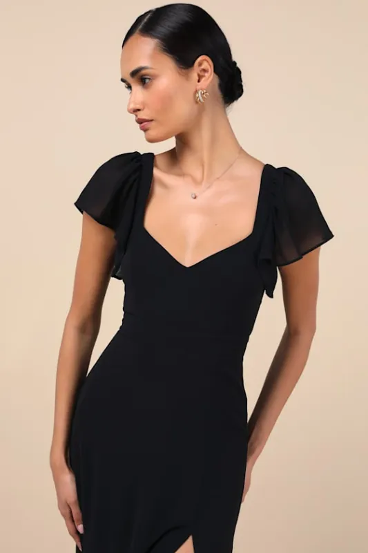 Simply Delightful Black Tie-Back Flutter Sleeve Maxi Dress sold by Lulus