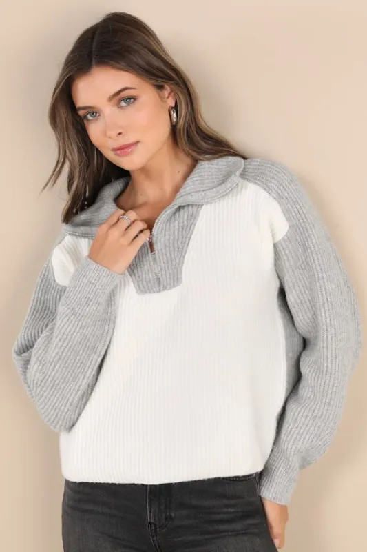 Ideally Cozy Ivory and Grey Color Block Quarter-Zip Sweater sold by Lulus