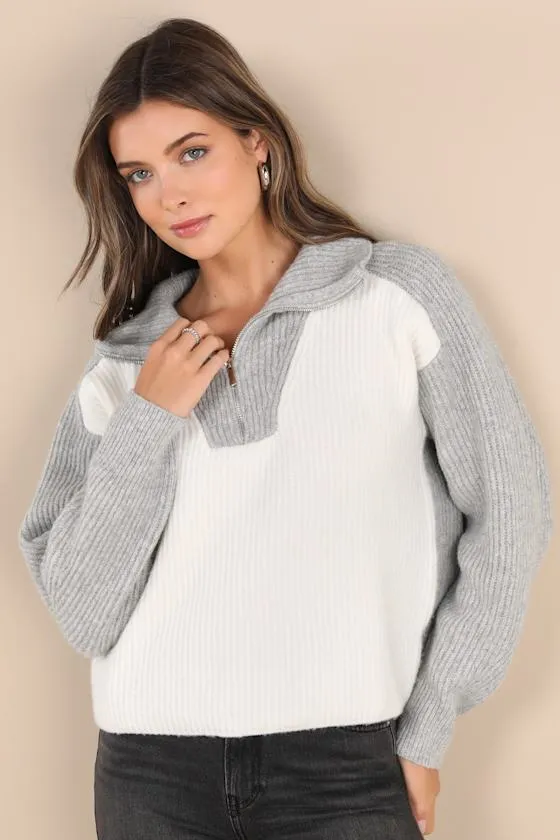 Ideally Cozy Ivory and Grey Color Block Quarter-Zip Sweater sold by Lulus