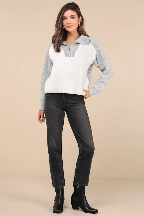 Ideally Cozy Ivory and Grey Color Block Quarter-Zip Sweater sold by Lulus product image thumbnail 2