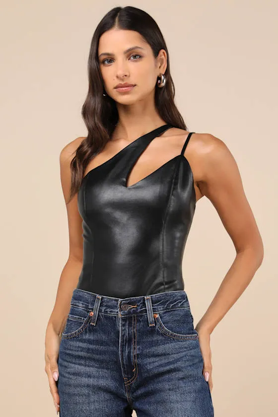 Attractive Influence Black Vegan Leather One-Shoulder Bodysuit sold by Lulus