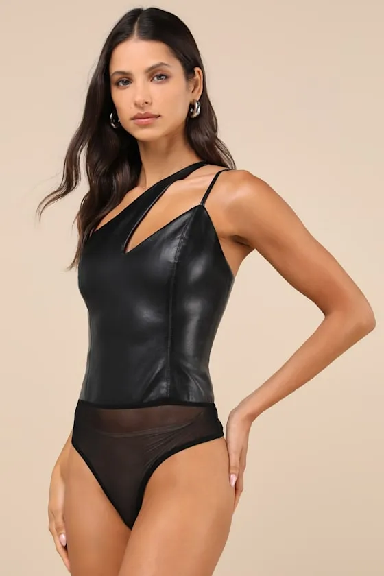 Attractive Influence Black Vegan Leather One-Shoulder Bodysuit sold by Lulus product image thumbnail 4