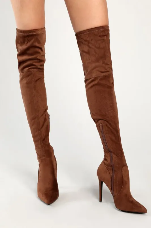 Natiee Taupe Suede Pointed-Toe Over-the-Knee Boots sold by Lulus
