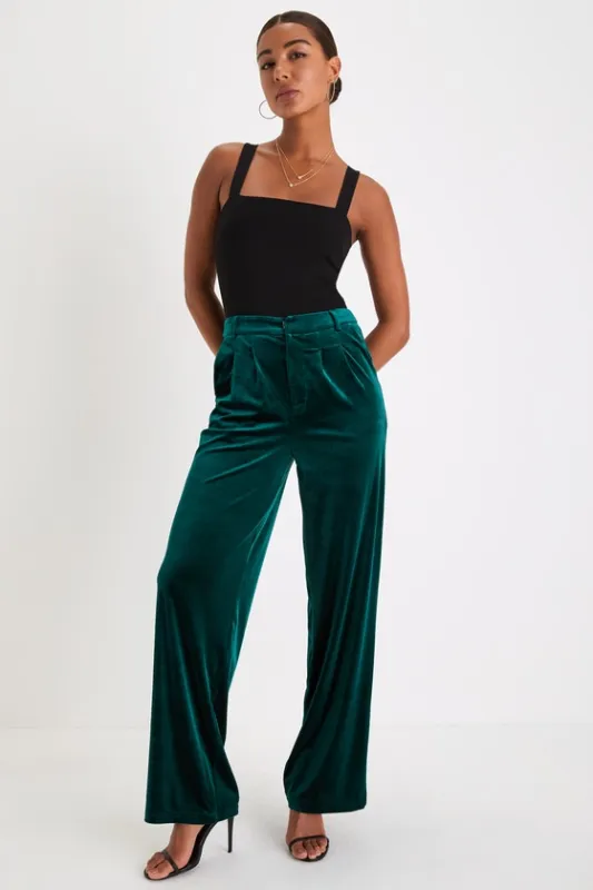 Posh Idea Emerald Velvet High-Rise Straight Leg Trouser Pants sold by Lulus