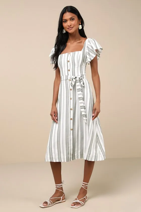 Mediterranean Moves Olive Striped Flutter Sleeve Midi Dress sold by Lulus