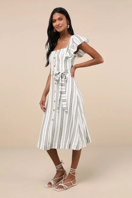 Mediterranean Moves Olive Striped Flutter Sleeve Midi Dress sold by Lulus product image thumbnail 2