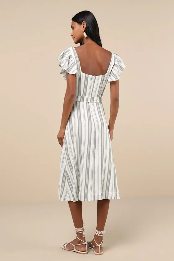 Mediterranean Moves Olive Striped Flutter Sleeve Midi Dress sold by Lulus product image thumbnail 3