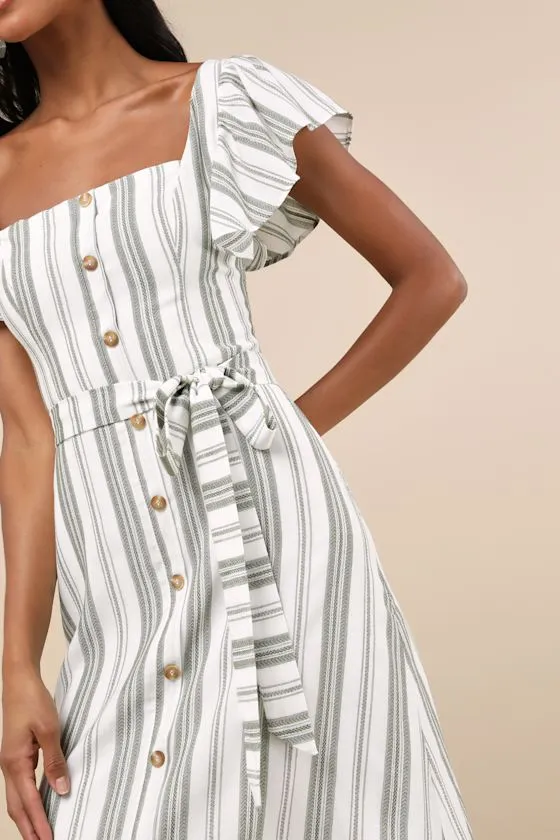 Mediterranean Moves Olive Striped Flutter Sleeve Midi Dress sold by Lulus product image thumbnail 4