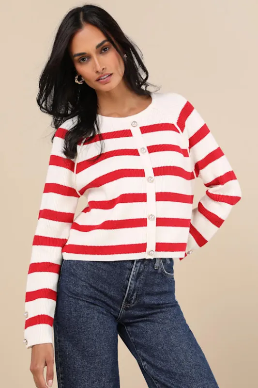 Cultivated Essential Ivory and Red Striped Cardigan sold by Lulus