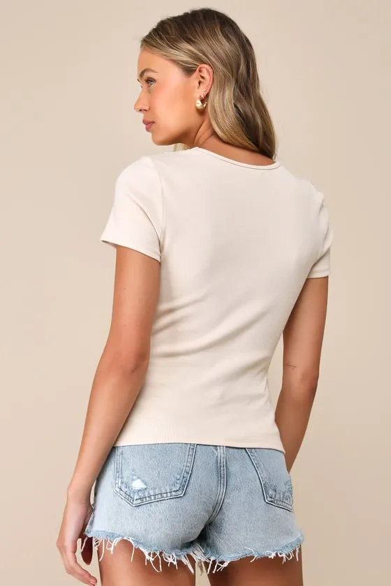 Eclectic Cutie Beige Ribbed Crochet Lace Short Sleeve Top sold by Lulus product image thumbnail 3