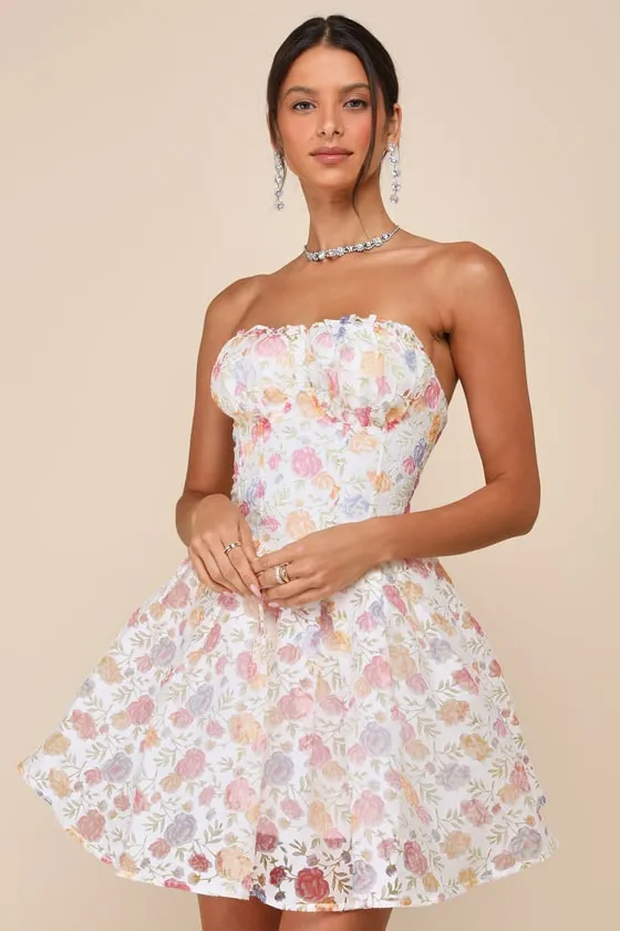 Deeply Adorable White Burnout Floral Strapless Mini Dress sold by Lulus
