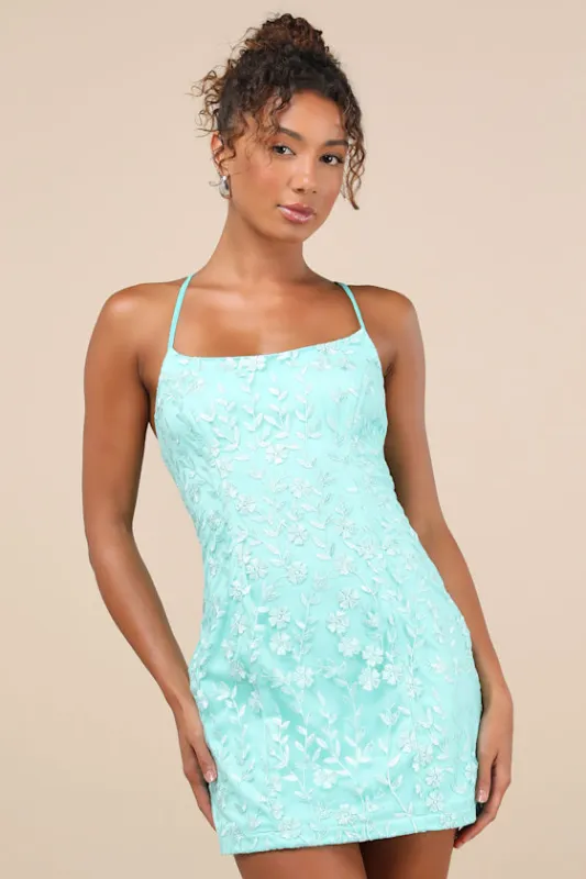 Lively Sweetheart Turquoise Mesh Embroidered Lace-Up Mini Dress sold by Lulus
