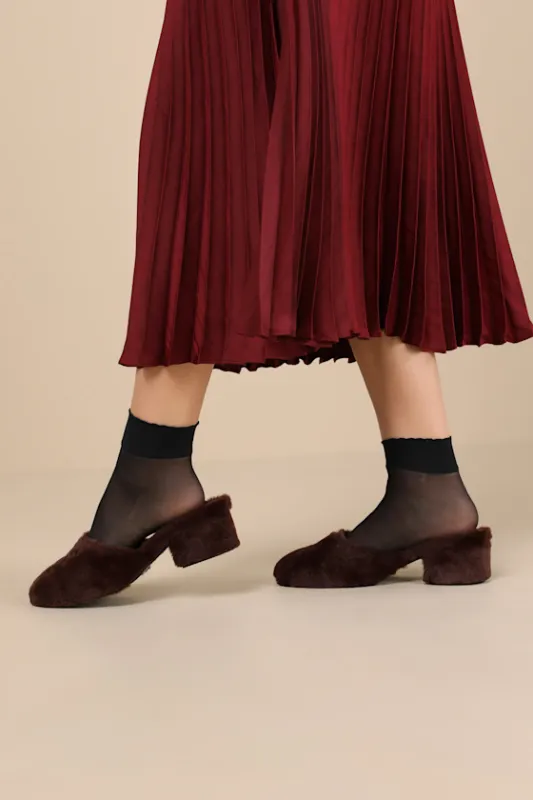 Teddy Chocolate Faux Fur Low Heel Slide Pumps sold by Lulus