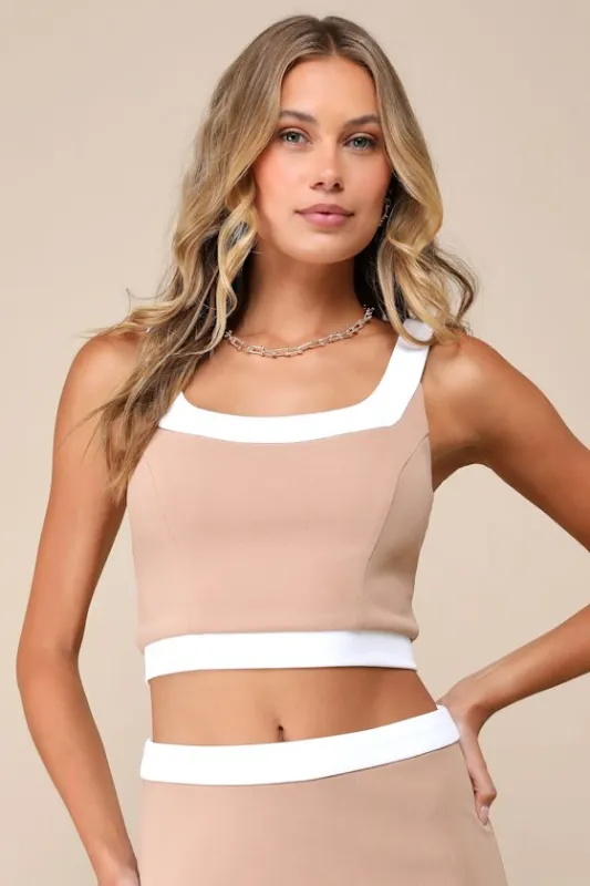 Totally Sensational Tan Color Block Sleeveless Crop Top sold by Lulus