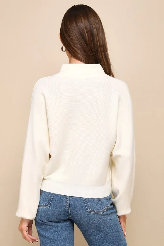 Cuddly Aesthetic Ivory Ribbed Quarter-Zip Pullover Sweater sold by Lulus product image thumbnail 3