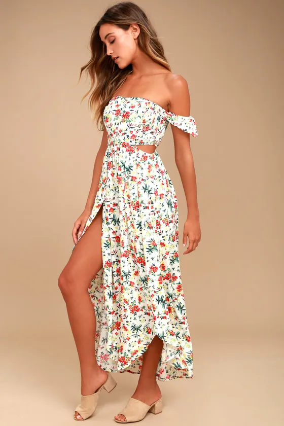 Easy on the Eyes Cream Floral Print Off-the-Shoulder Maxi Dress sold by Lulus