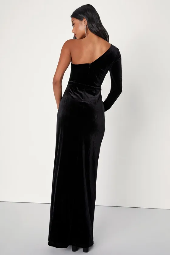 Mysterious Elegance Black Velvet One-Shoulder Maxi Dress sold by Lulus product image thumbnail 2