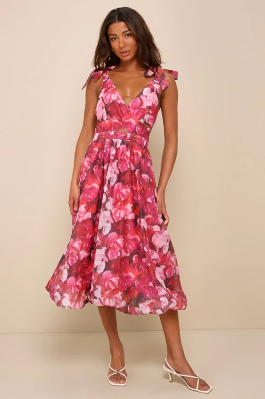 Flowering Day Dream Magenta Floral Organza Midi Bubble Dress sold by Lulus
