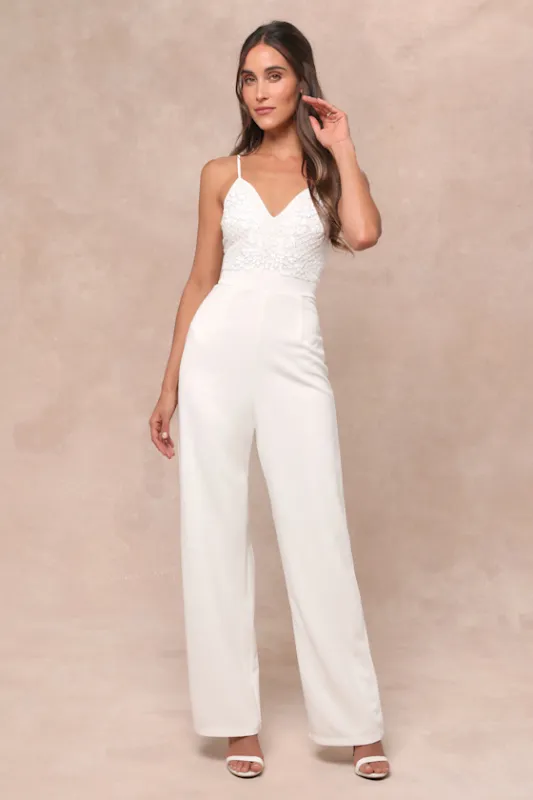 Memorable Occasion White Beaded Sequin Wide-Leg Jumpsuit sold by Lulus