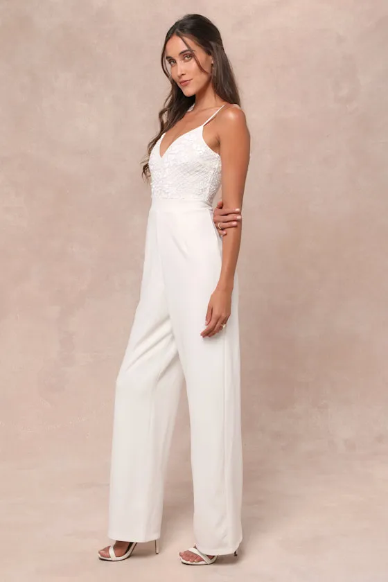 Memorable Occasion White Beaded Sequin Wide-Leg Jumpsuit sold by Lulus product image thumbnail 3