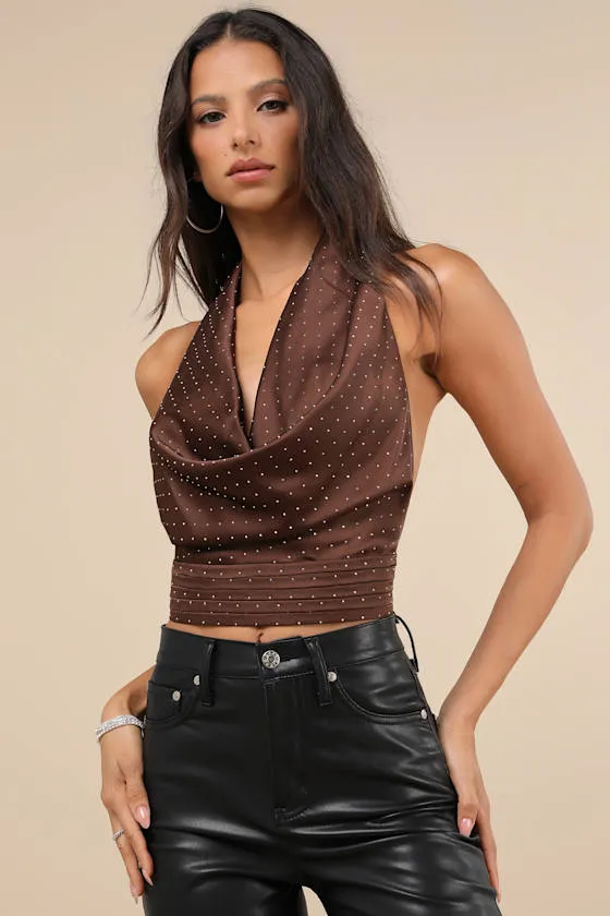 Notable Shine Brown Satin Rhinestone Halter Top sold by Lulus