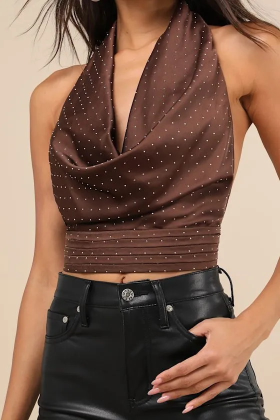 Notable Shine Brown Satin Rhinestone Halter Top sold by Lulus product image thumbnail 4