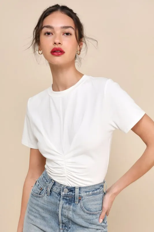Simply a Vibe Ivory Ruched Short Sleeve Crew Neck Top sold by Lulus