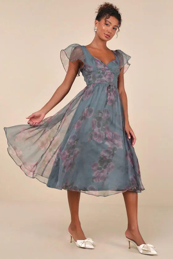 Mesmerizing Mood Slate Floral Organza Ruffled A-Line Midi Dress sold by Lulus