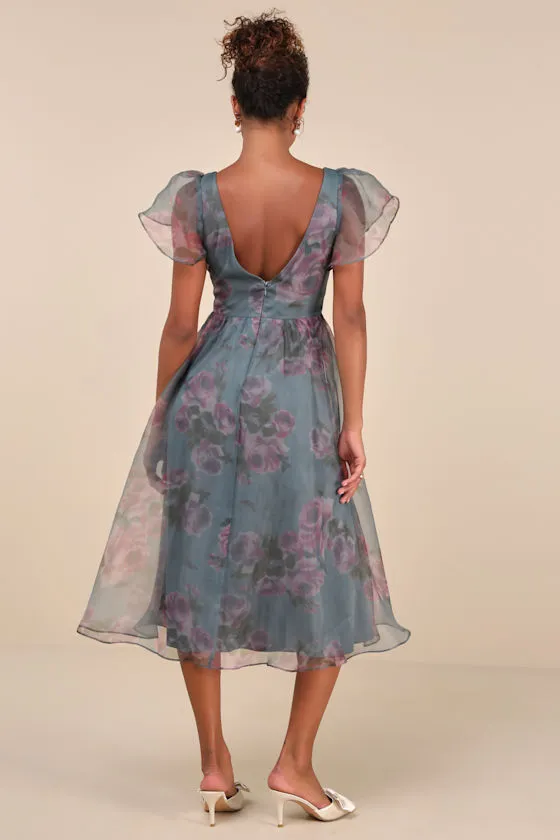 Mesmerizing Mood Slate Floral Organza Ruffled A-Line Midi Dress sold by Lulus product image thumbnail 2