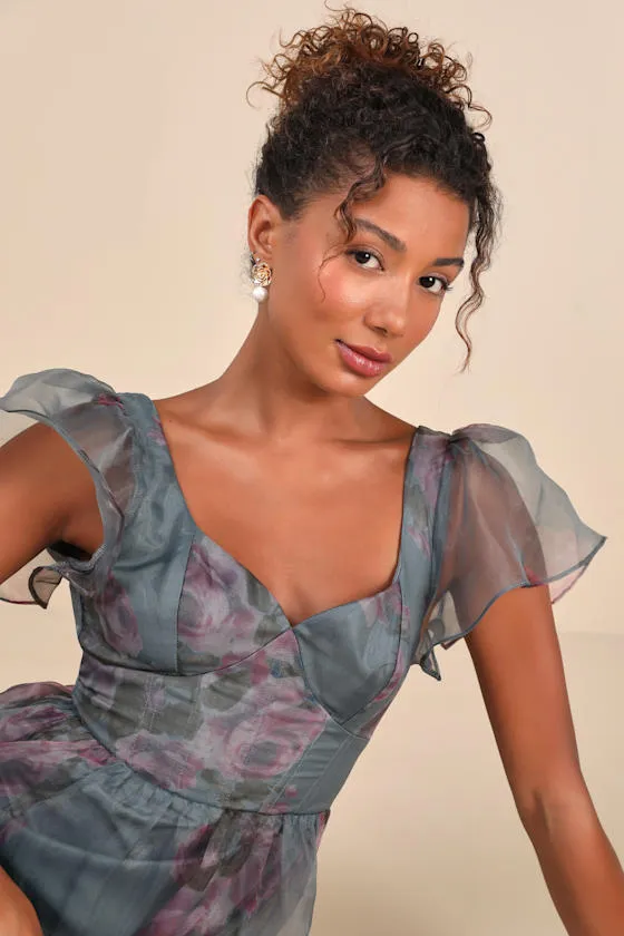 Mesmerizing Mood Slate Floral Organza Ruffled A-Line Midi Dress sold by Lulus product image thumbnail 3