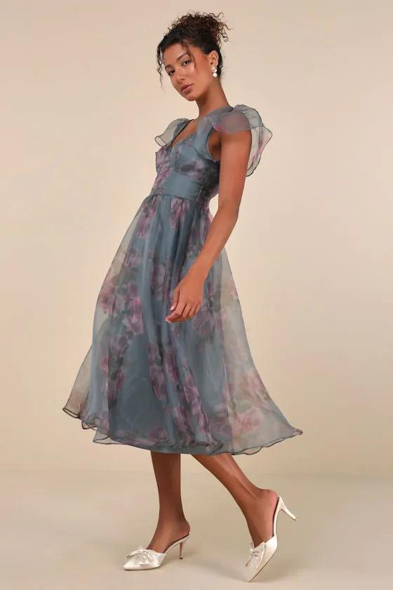 Mesmerizing Mood Slate Floral Organza Ruffled A-Line Midi Dress sold by Lulus product image thumbnail 4