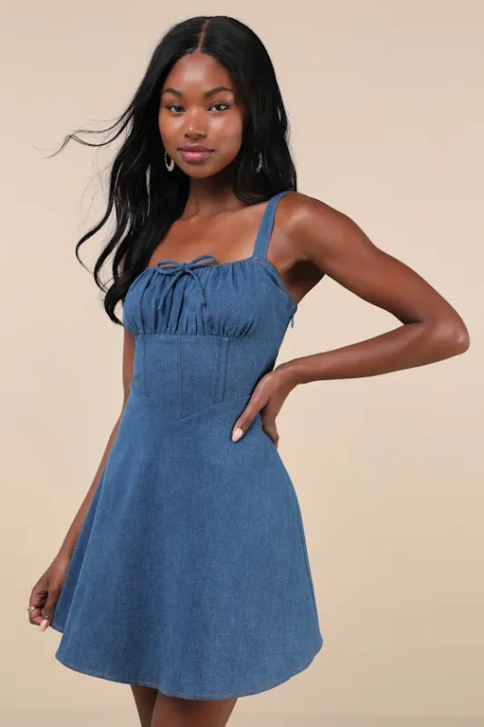 Considered Charisma Blue Chambray Bustier Mini Dress sold by Lulus