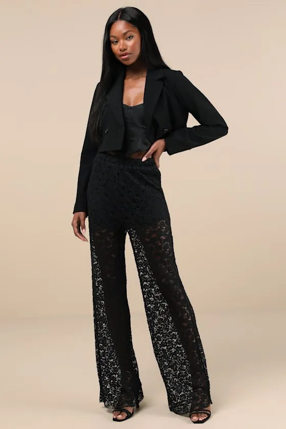 Stunning Pick Black Sheer Lace High-Rise Wide-Leg Pants sold by Lulus