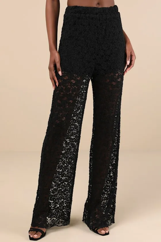 Stunning Pick Black Sheer Lace High-Rise Wide-Leg Pants sold by Lulus product image thumbnail 2
