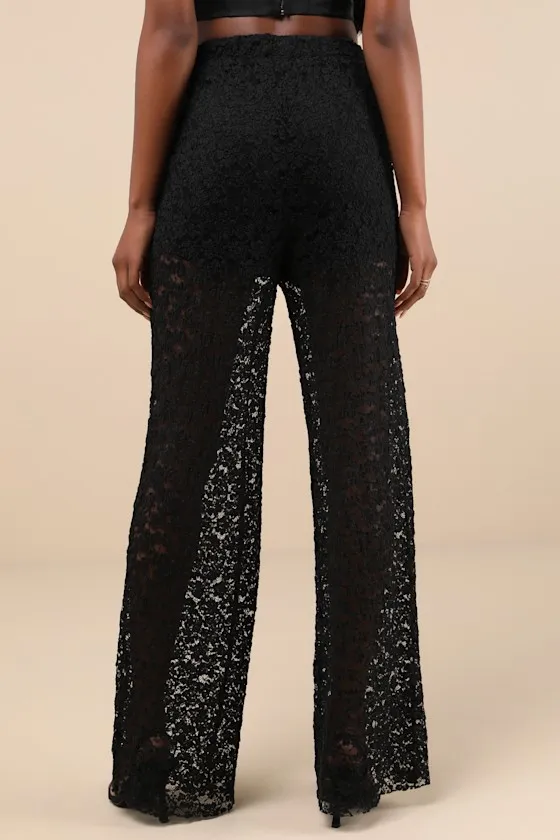 Stunning Pick Black Sheer Lace High-Rise Wide-Leg Pants sold by Lulus product image thumbnail 3