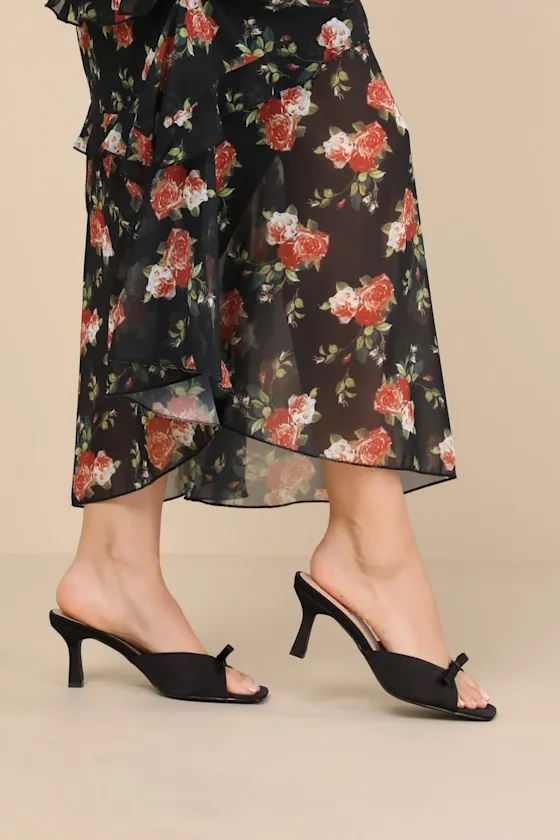 Octavie Black Satin Bow High Heel Slide Sandals sold by Lulus