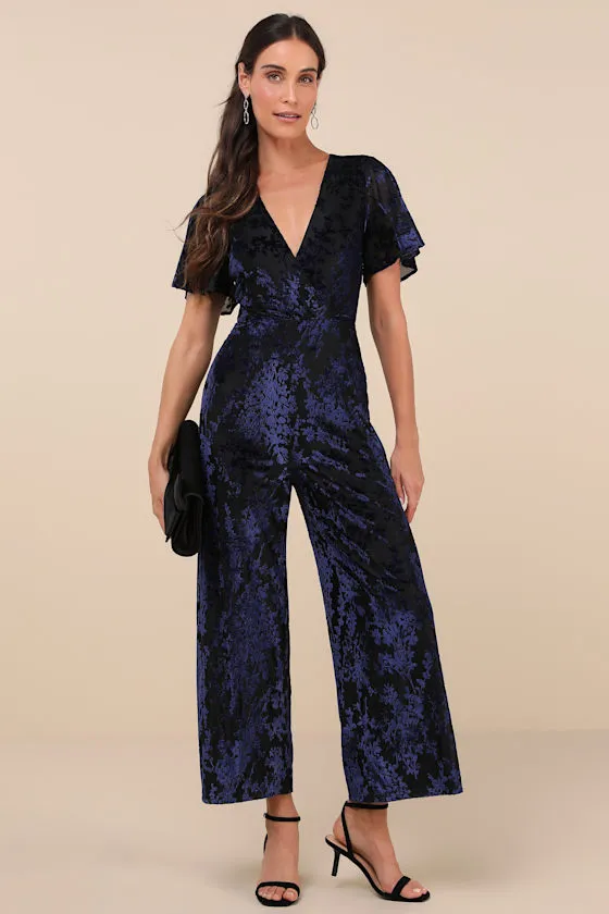Poised Excellence Black and Blue Velvet Burnout Jumpsuit sold by Lulus