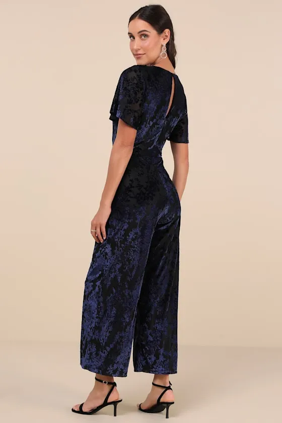 Poised Excellence Black and Blue Velvet Burnout Jumpsuit sold by Lulus product image thumbnail 2