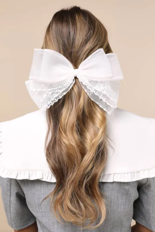 Precious Energy White Tulle Embroidered Hair Bow Barrette sold by Lulus