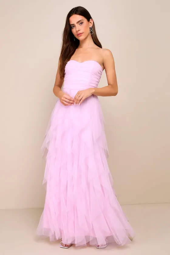 Delightful Beauty Pink Mesh Strapless Ruched Ruffled Maxi Dress sold by Lulus