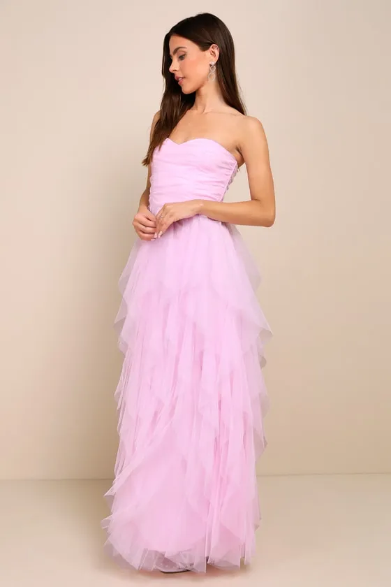 Delightful Beauty Pink Mesh Strapless Ruched Ruffled Maxi Dress sold by Lulus product image thumbnail 3